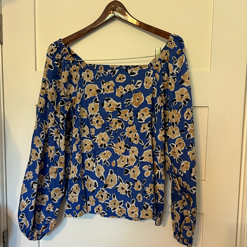 Ann Taylor Blue Floral Long Sleeve Peasant Top